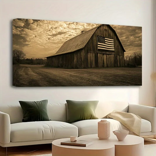 1.5 inch thick pine solid wood frame, farmhouse wooden wall art painting, living room hanging country old barn, rural nature