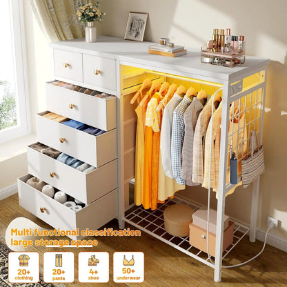 49.2" W White Dresser for Bedroom with Hanging Rack, 6 Drawers Dresser with LED Lights & Charging Station, Fabric Dressers