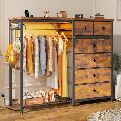 49.2" W White Dresser for Bedroom with Hanging Rack, 6 Drawers Dresser with LED Lights & Charging Station, Fabric Dressers