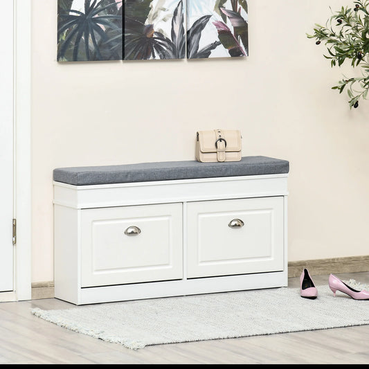 41" Entryway Shoe Rack Bench Storage Organizer Ottoman W/ 2 Drawers, Cushion