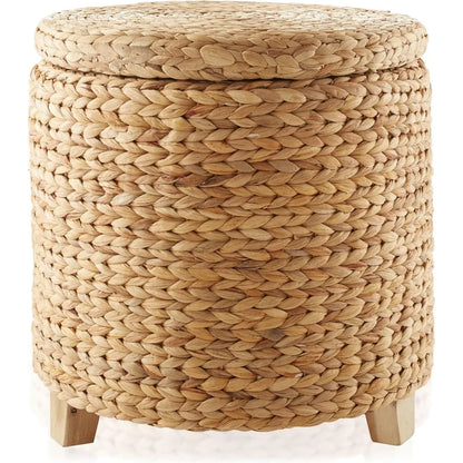 17" Round Storage Ottoman with Lid - Natural, Handwoven Water Hyacinth Footstool for Living Room