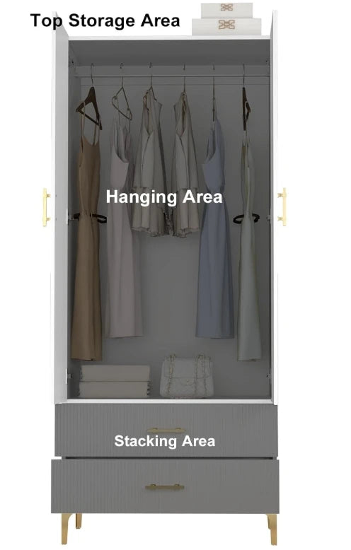 Wardrobe Armoire with 2 Drawers, 2 Doors and Hanging Rods, Twill Wooden Closet Storage with Metal Cabinet Legs, White