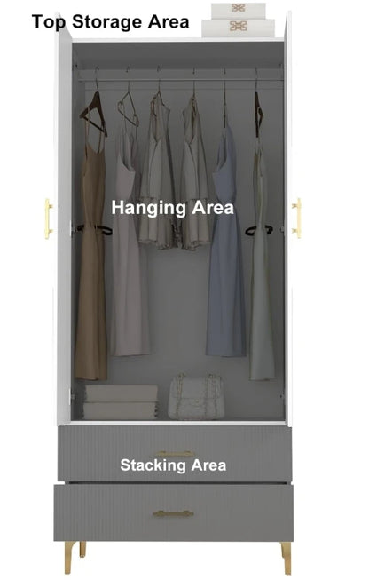 Wardrobe Armoire with 2 Drawers, 2 Doors and Hanging Rods, Twill Wooden Closet Storage with Metal Cabinet Legs, White