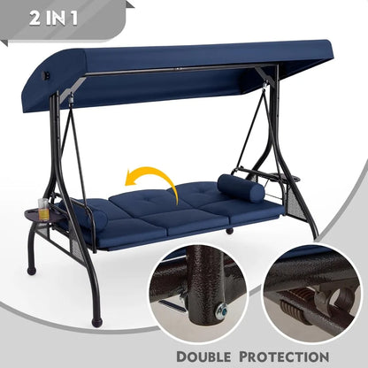 3 Seat Porch Swing W/Adjustable Canopy, Convertible Patio Swings Bed with Stand and Upgraded Cup Holder, Thicken Cushions＆Pillow