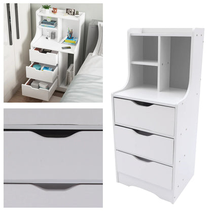 White Side Table Bedroom Modern Nightstand Bedside Table with 3 Drawers Multifunctional Mini Storage Cabinet Organizer