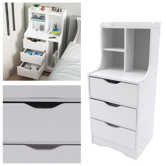 White Side Table Bedroom Modern Nightstand Bedside Table with 3 Drawers Multifunctional Mini Storage Cabinet Organizer