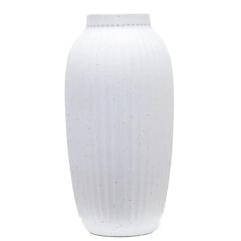 Indoor Speckled White Ribbed Ceramic Vase 16" Stand Alone