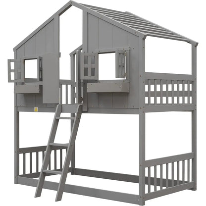 House Bunk Bed Twin Over Twin Wood Bunk Beds , Windows, Window Box and Small Door, Floor Bunk Beds with Ladder and Guard Rails