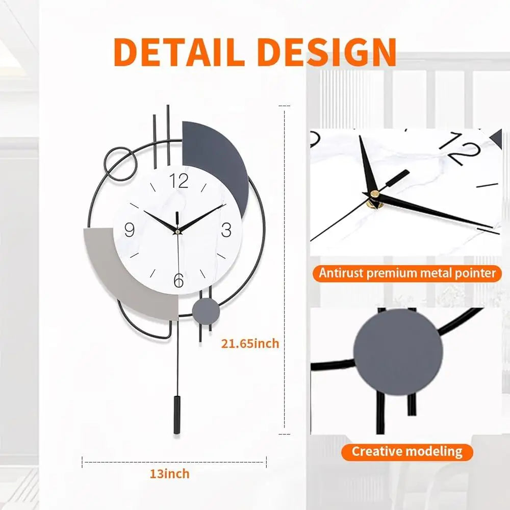Silent Quartz Wall Clock with Pendulum Decorative Metal Clock Battery Operated