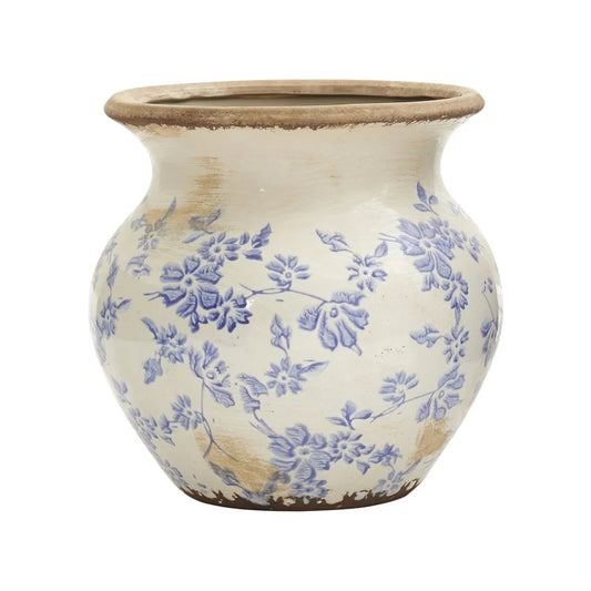 Ceramic Blue Scroll Urn Vase Indoor Floral Planter Rustic Home Decor Vintage Style Durable Decorative Container