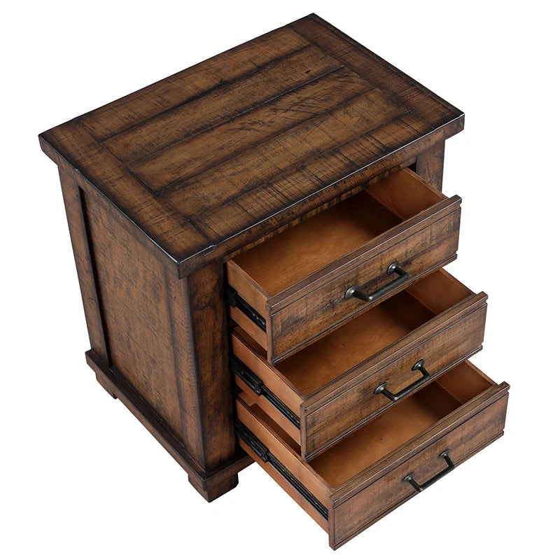 Rustic Three Drawer Reclaimed Solid Wood Farmhouse Nightstand End Table  for Living Room/Bedroom