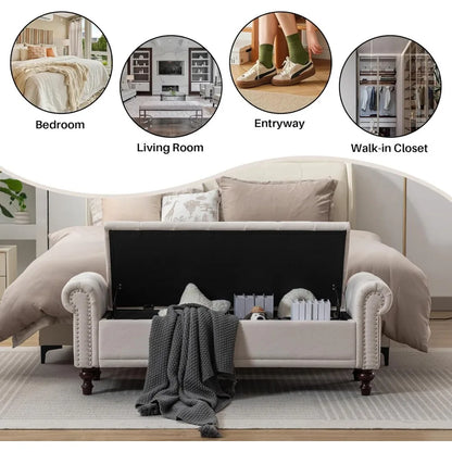 58.1'' Storage Bench Upholstered Linen, End of Bedroom Bed Bench, Ottoman with Tufted Cushion Rolled Arm Large Storage Space