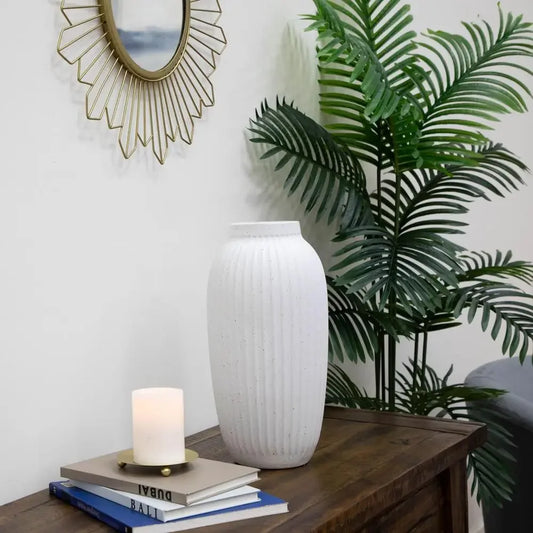 Indoor Speckled White Ribbed Ceramic Vase 16" Stand Alone