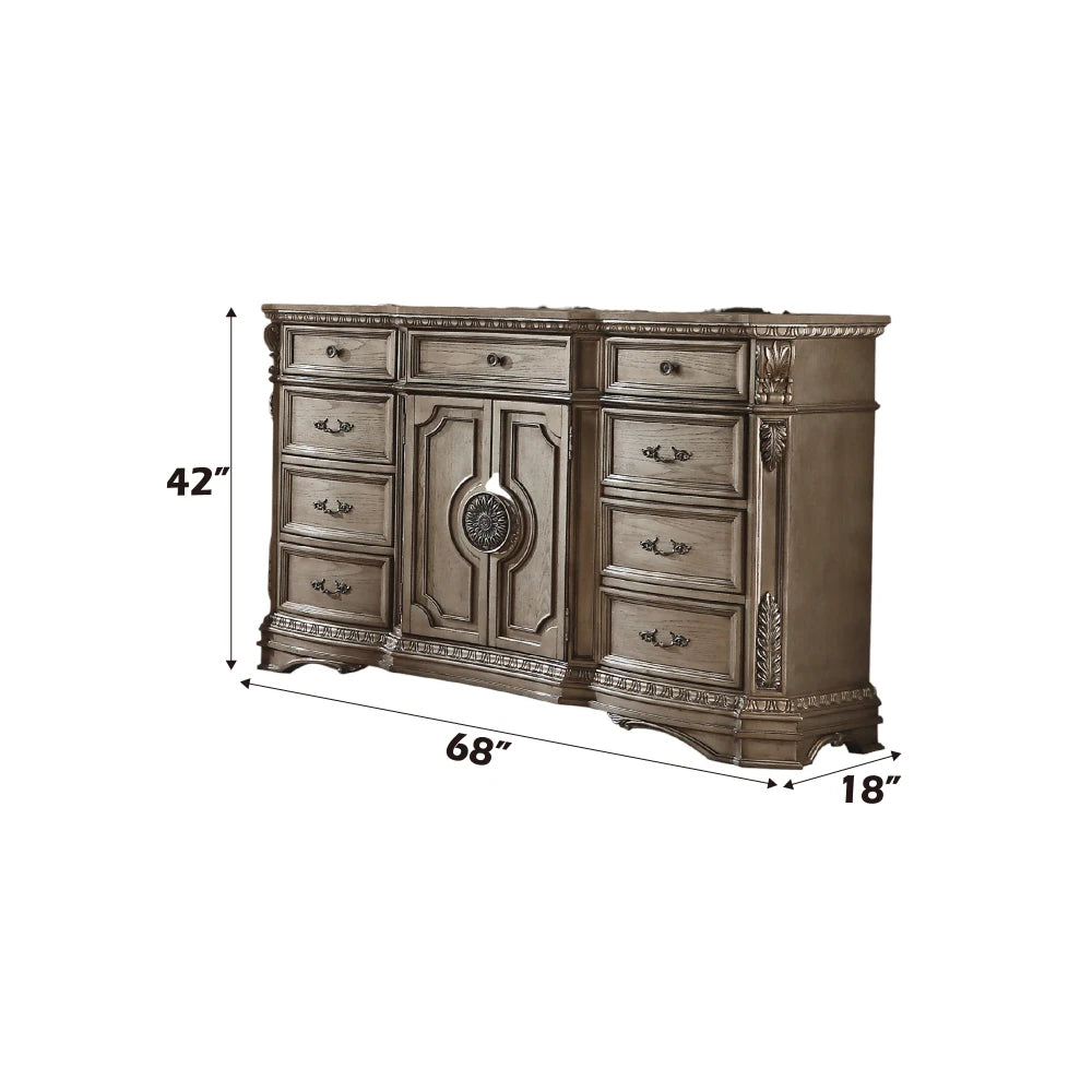 Dresser (WOOD TOP) in Antique Silver European Style Dressing Table American Bedroom Vanity Mirror Solid Carved