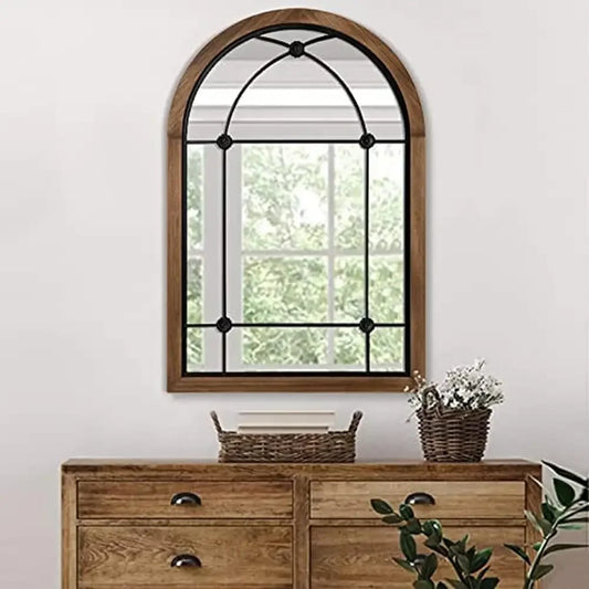 Farmhouse Arched Mirror Wall Decor Rustic Wood Framed Gothic Cathedral Style Accent Mirror