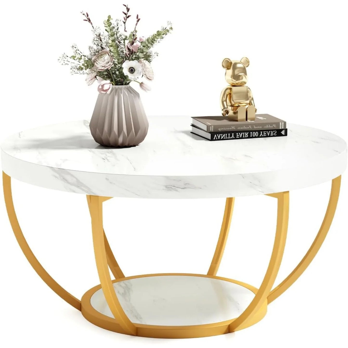32" Circle Marble Coffee Tables, 2-Tier Golden Metal Legs Accent Center Table with Open Storage