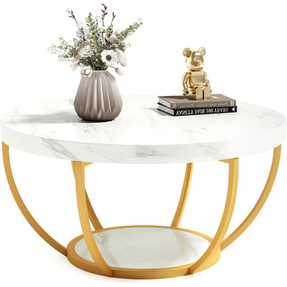 32" Circle Marble Coffee Tables, 2-Tier Golden Metal Legs Accent Center Table with Open Storage