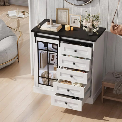 Dresser for Bedroom 6 Drawer Dresser with Slide Glass Door Farmhouse Tall Chest of Drawers Storage
