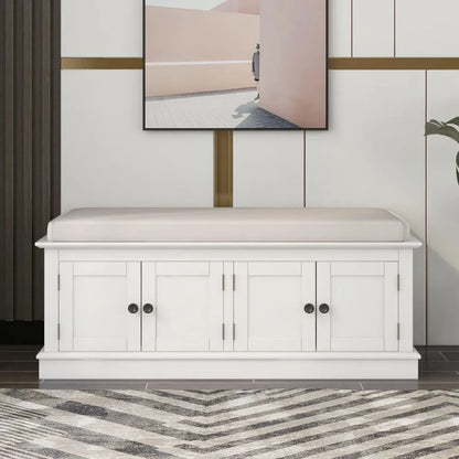 Rustic Storage Bench with 4 Doors and Adjustable Shelves Removable Cushion