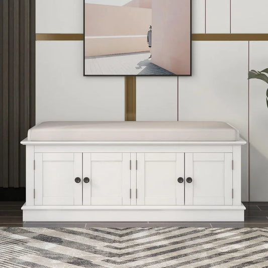 Rustic Storage Bench with 4 Doors and Adjustable Shelves Removable Cushion
