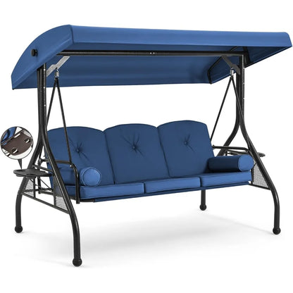 3 Seat Porch Swing W/Adjustable Canopy, Convertible Patio Swings Bed with Stand and Upgraded Cup Holder, Thicken Cushions＆Pillow
