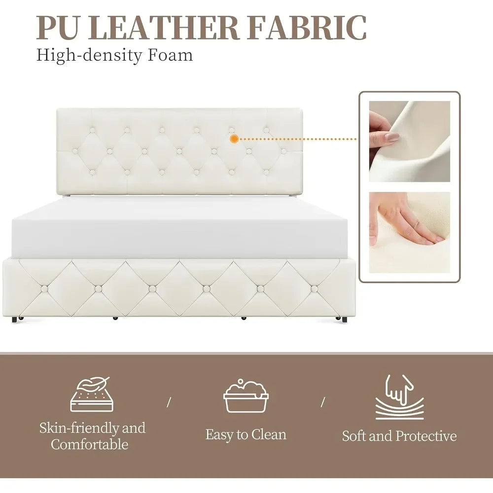 Faux Leather Platform Bed with Mattress Foundation and 4 Drawers