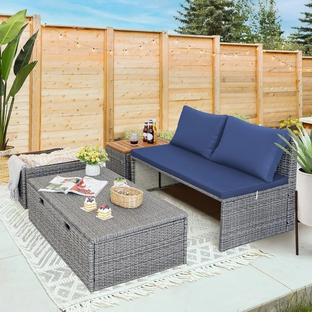 Patio Daybed Set Multifunctional Rattan Lounge Bed with 2 Side Tables for Backyard Porch