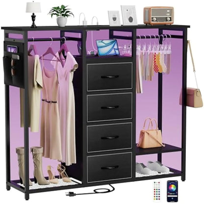 Dresser for Bedroom with 2 Clothes Racks, 4 Drawer Dresser with Led Light and Charging Station,White Dresser with Hanging Rack