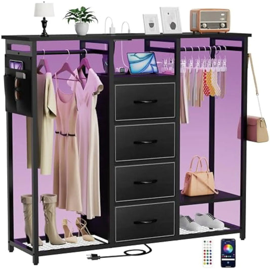 Dresser for Bedroom with 2 Clothes Racks, 4 Drawer Dresser with Led Light and Charging Station,White Dresser with Hanging Rack