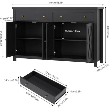 55" Large Sideboard Buffet Cabinet with Storage,  with 2 Drawers and 4 Doors