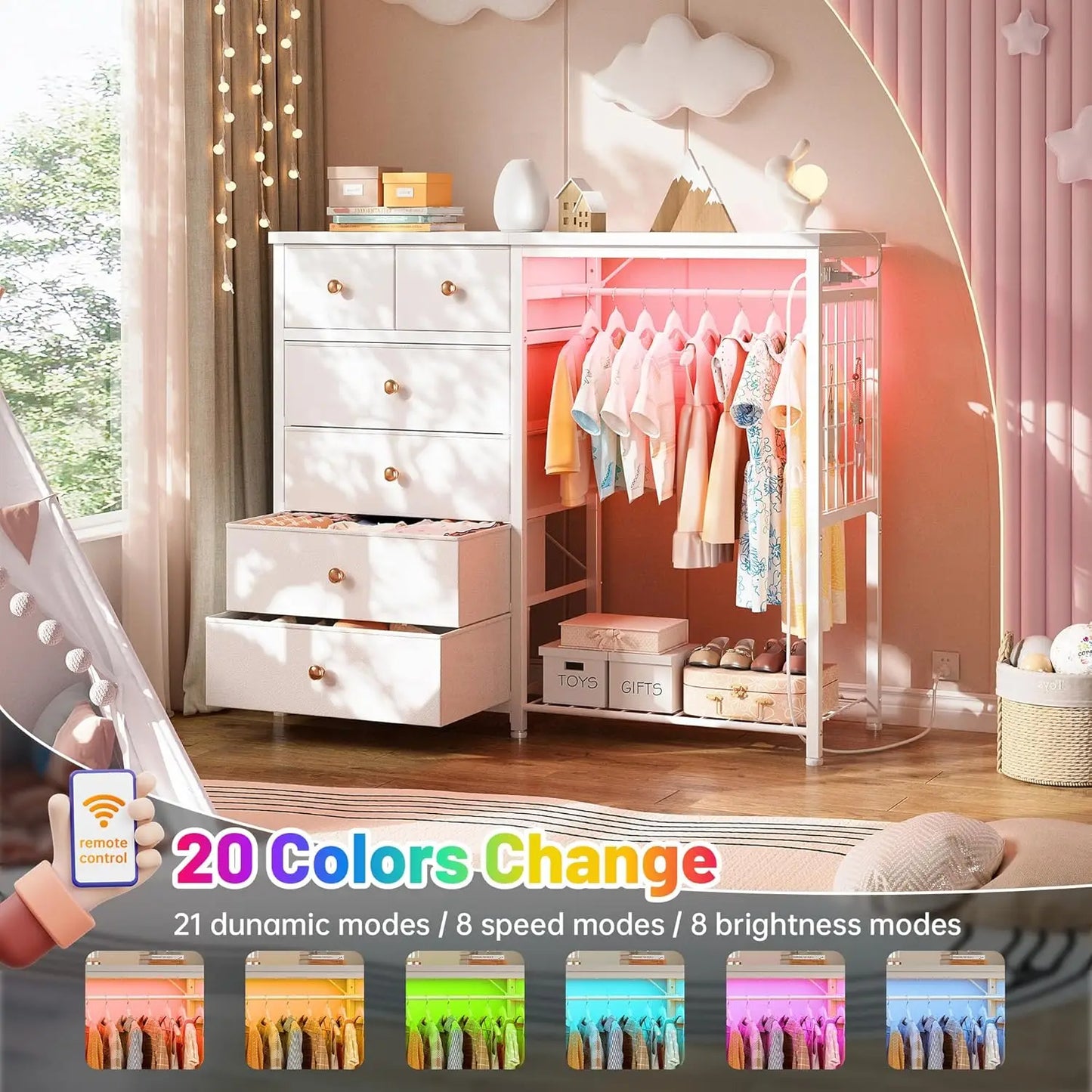 49.2" W White Dresser for Bedroom with Hanging Rack, 6 Drawers Dresser with LED Lights & Charging Station, Fabric Dressers