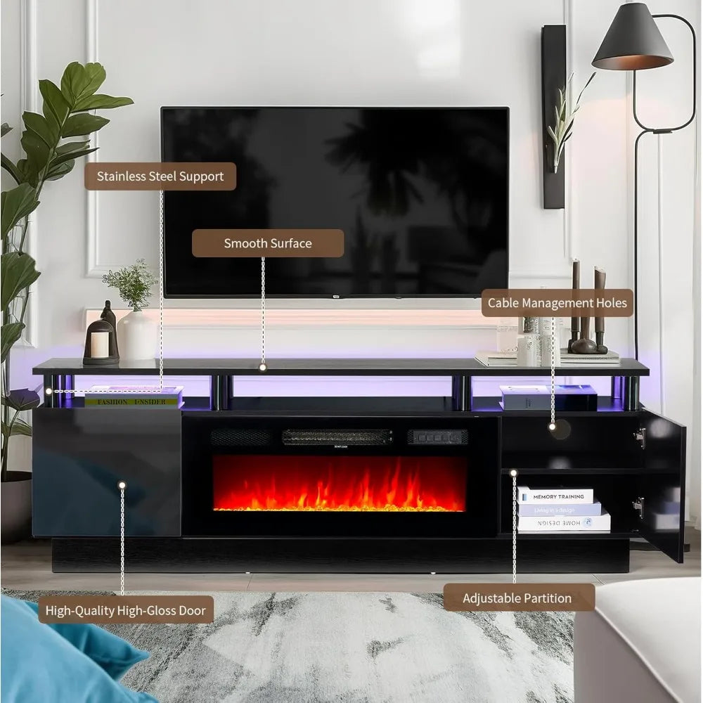 70" Modern Electric Fireplace TV Stand for TVs Up to 80 inch, with Electronic Flame and LED Lights