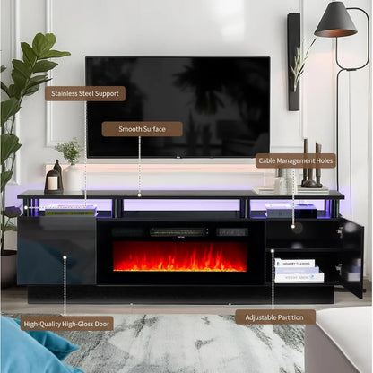 70" Modern Electric Fireplace TV Stand for TVs Up to 80 inch, with Electronic Flame and LED Lights