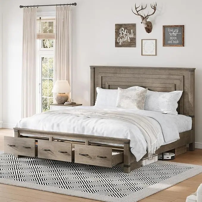 Extra large bed frame with 54 inch high headboard, equipped with storage drawers, wooden support, no need for box springs