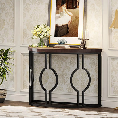Industrial Semi Circle Sofa Table for Living Room, Hallway, Foyer, Rustic Brown