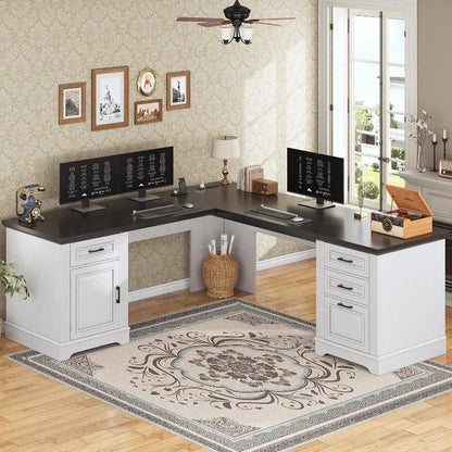 Farmhouse 69" Executive L Shaped Desk, Home Office Desk with Drawers and Storage Cabinet & Power Outlet
