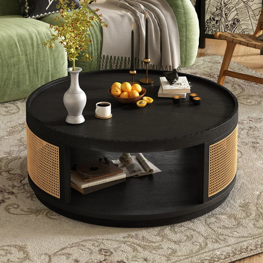 36.8''  Wooden Table, Round Cane Coffee Table with PE Rattan Side for Living Room,Brown