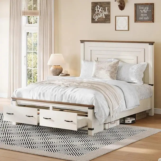 Extra large bed frame with 54 inch high headboard, equipped with storage drawers, wooden support, no need for box springs