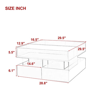 Glass Top Lift-Top Coffee Table with 2 Drawers，High-Gloss Finish,Hidden Space and LED Lights for Living Room