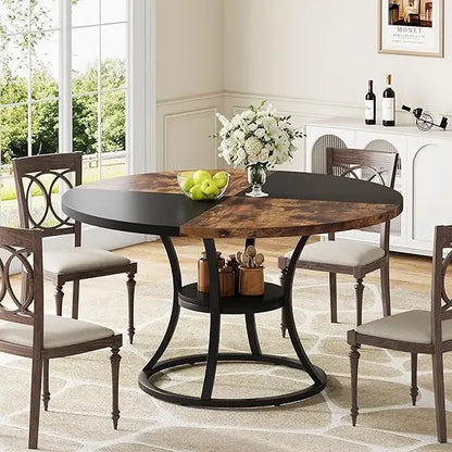 47 inch Wood Dining Room Table with Storage Shelf, Farmhouse Kitchen Table with Metal Base
