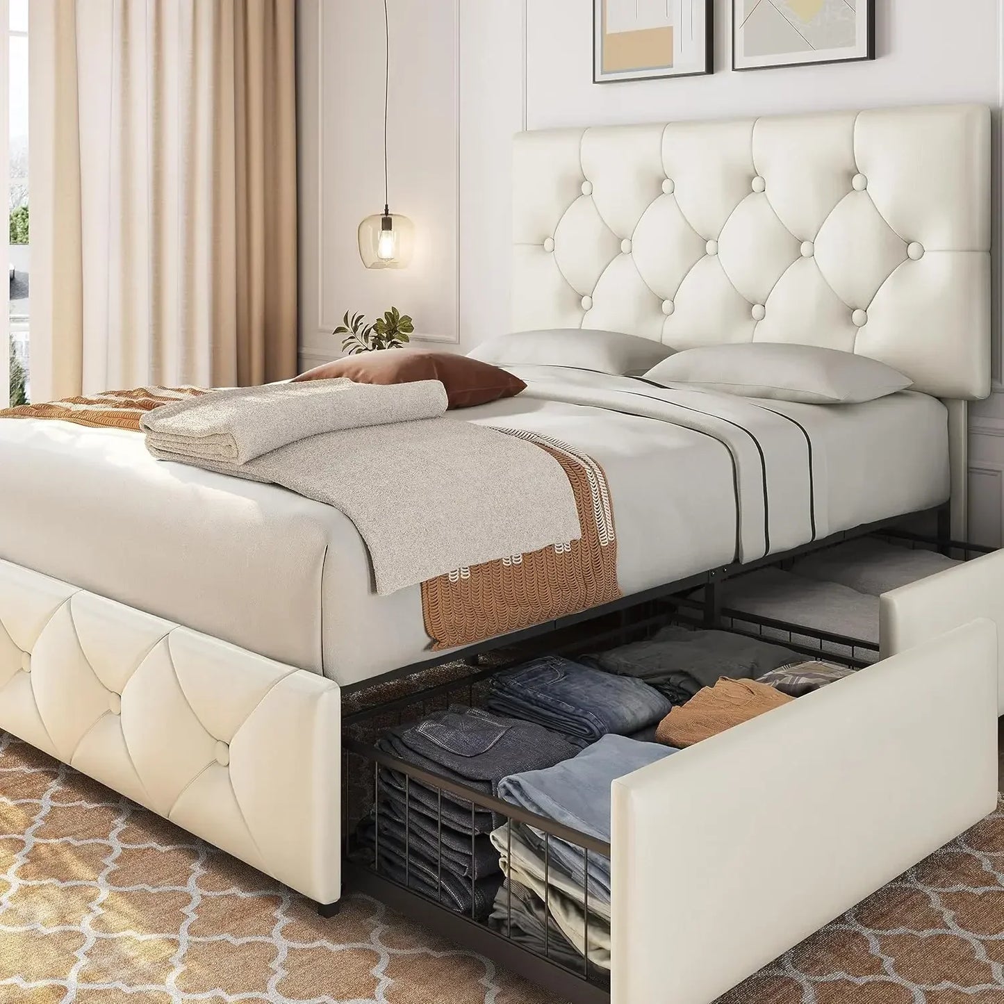 Faux Leather Platform Bed with Mattress Foundation and 4 Drawers