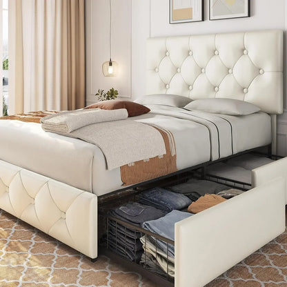 Faux Leather Platform Bed with Mattress Foundation and 4 Drawers