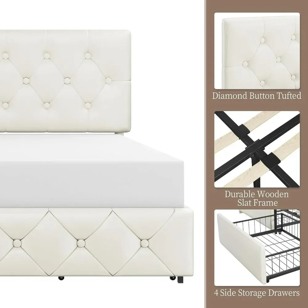 Faux Leather Platform Bed with Mattress Foundation and 4 Drawers