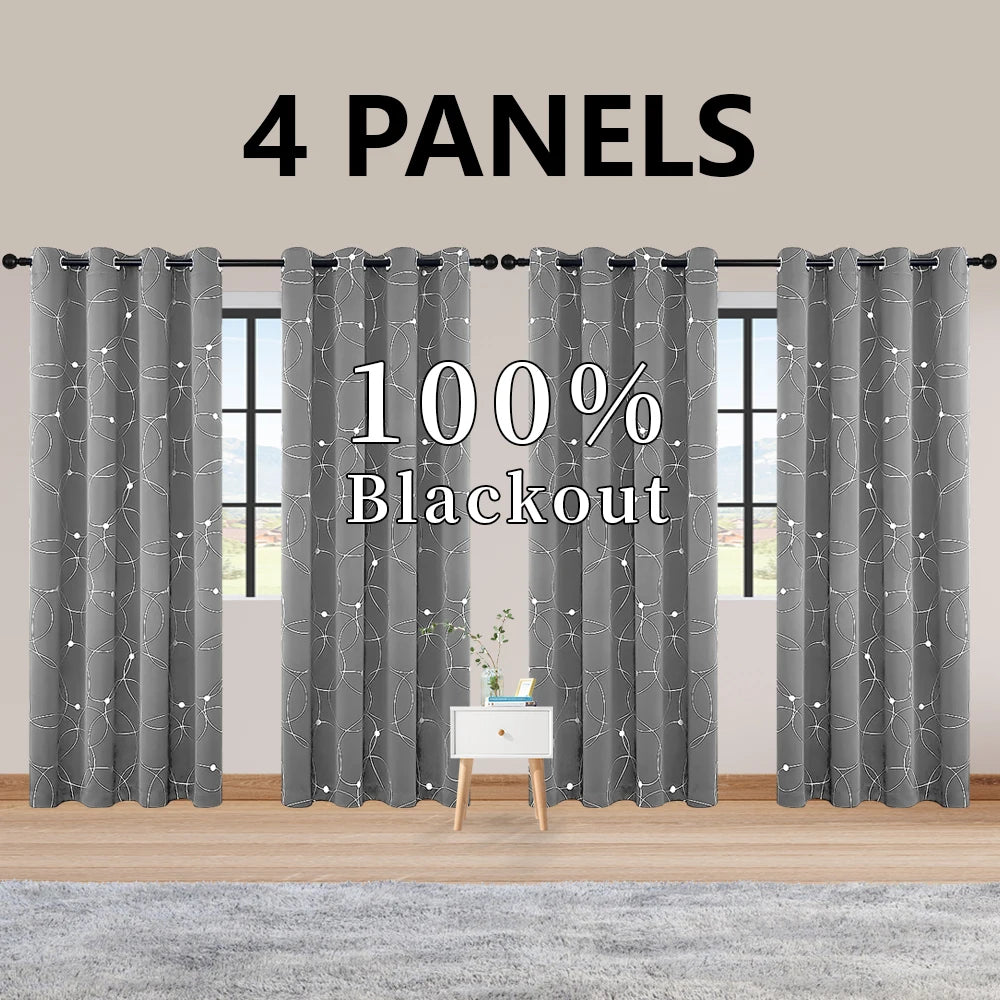 4 PCS  Circle And Dots Foil Blackout Curtains Grommet Thermal Insulated