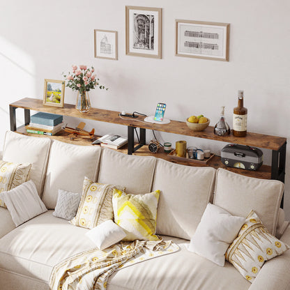 Console Table with Power Outlet, Long Sofa Table with Shelves and X-Shaped Design