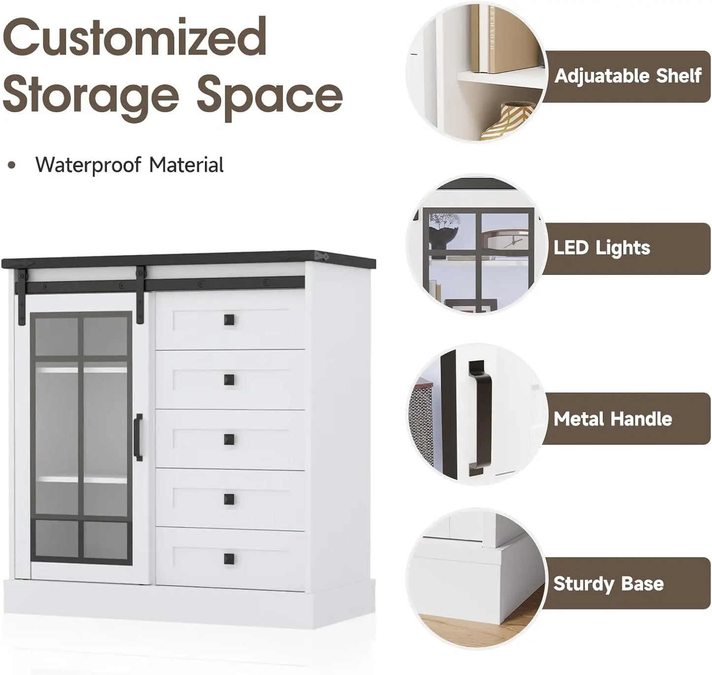Dresser for Bedroom 6 Drawer Dresser with Slide Glass Door Farmhouse Tall Chest of Drawers Storage