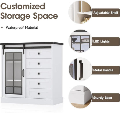 Dresser for Bedroom 6 Drawer Dresser with Slide Glass Door Farmhouse Tall Chest of Drawers Storage