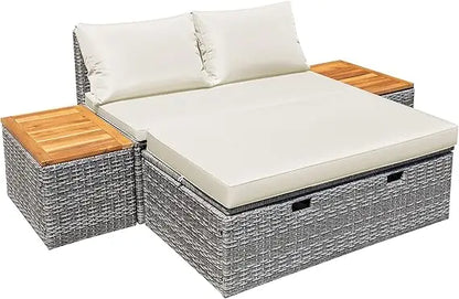 Patio Daybed Set Multifunctional Rattan Lounge Bed with 2 Side Tables for Backyard Porch