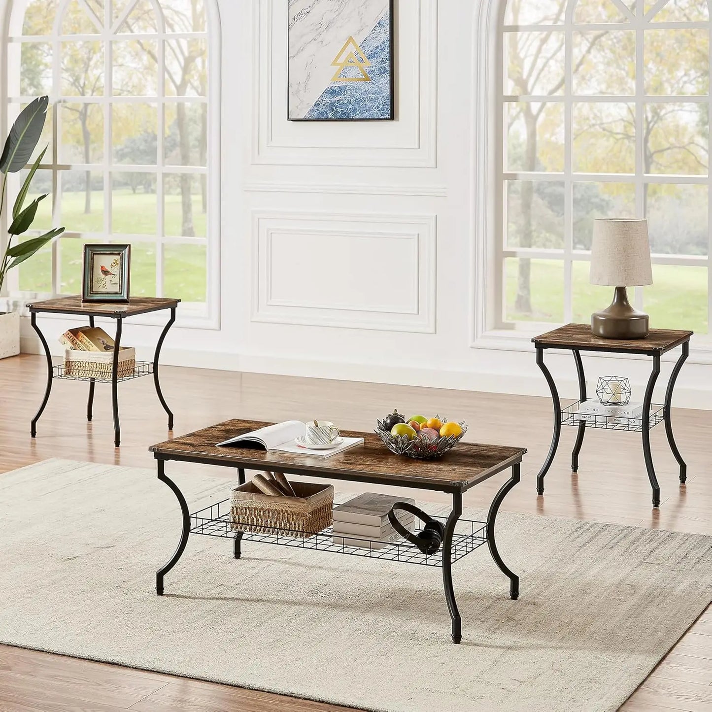 3 Pieces Living Room Table Sets, Coffee and End Tables with Open Storage Shelves