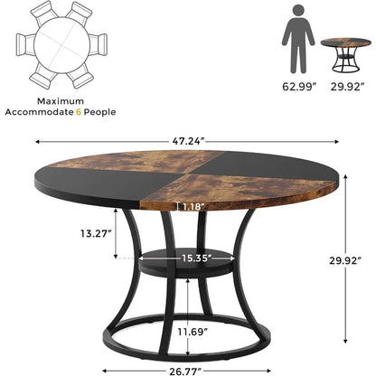47 inch Wood Dining Room Table with Storage Shelf, Farmhouse Kitchen Table with Metal Base